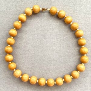ROUND LIGHT GRAIN WOOD BEADED NECKLACE WHITE SPACERS 18” POLISHED UNISEX
